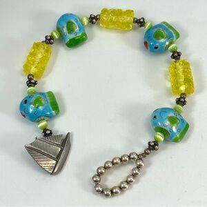 Vintage Danforth Pewter 1994 Glass Fish Beaded Nautical Bracelet Statement